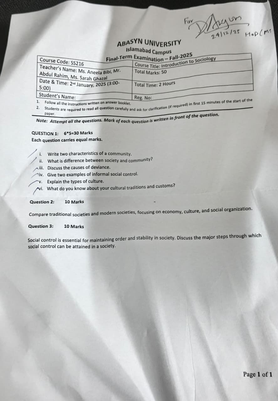 Introduction To Sociology SS216