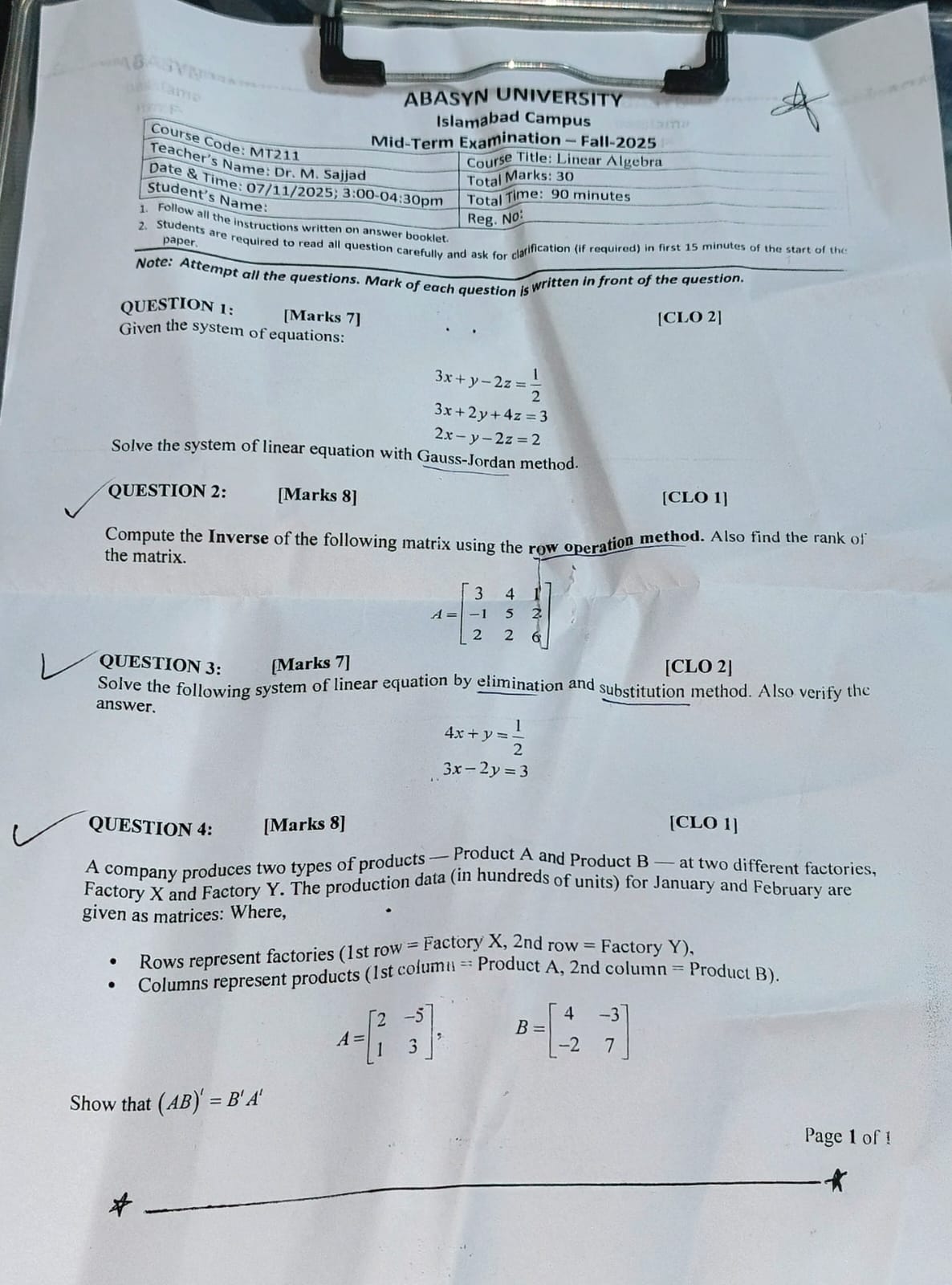 Linear Algebra (MT-221)